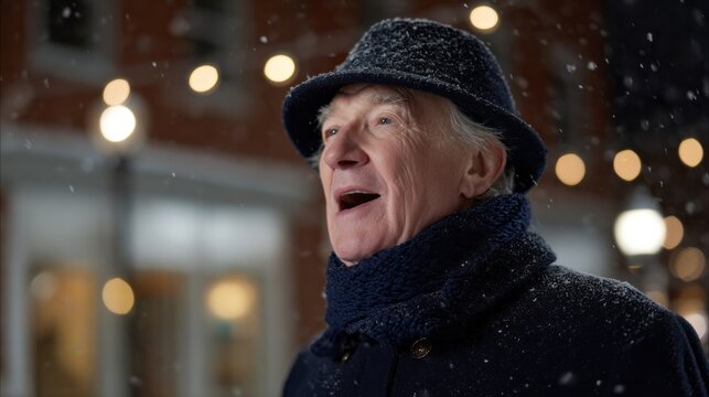 Elderly Caucasian man joyfully singing beneath twinkling snowfall, capturing the magic of Winter Solstice and Festive Yule