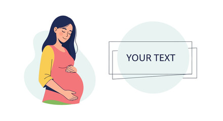 Happy pregnant woman gently holding her baby bump with eyes closed in anticipation