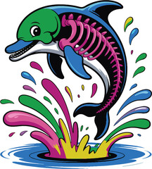 Obraz premium Cartoon Dolphin Jumping Through Colorful Water Splashes