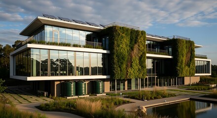 Modern sustainable office building with green walls and solar panels