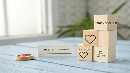 Wooden cube blocks stacked to symbolize habits for success