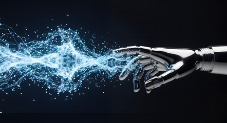 Robot Hand Connecting to Digital Network: Artificial Intelligence, Technology, and Future Concept