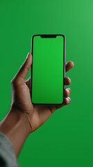 Male hand holding smartphone with green screen on green background, mockup template for app or web UI design