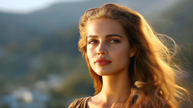 Portrait of a woman with wind-blown hair under golden light, authentic emotion, cinematic realism, connection to the elements.