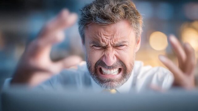 Frazzled Intensity: A man overwhelmed by frustration, embodies a universal experience of workplace stress and mental strain. Gritting his teeth in exasperation