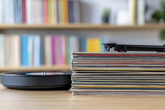 Vinyl records stacked beside turntable, showcasing cozy music setup with colorful books in background, evoking nostalgia