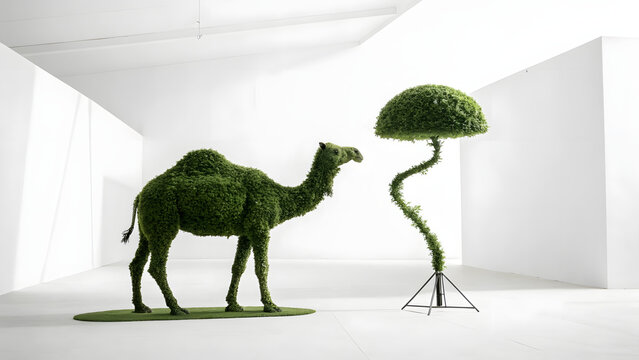 Artistic green camel shaped topiary sculpture beside abstract tree in bright minimalist white studio environment
