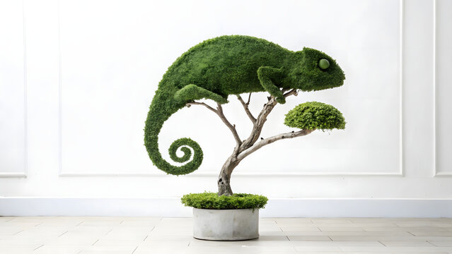 Green chameleon shaped topiary sculpture perched on artistic bonsai-style tree in bright minimalist white studio