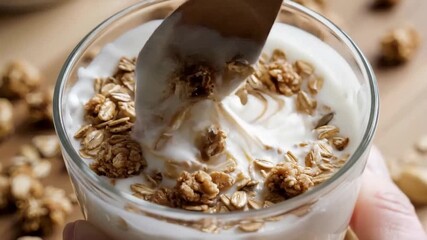Clear cup of white yogurt featuring golden granola being stirred in slowly provides tasty treat. Yogurt with granola is being swirled with wooden spoon, creating appealing texture. - Powered by Adobe
