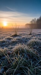 Morning frost landscape view of a grassy field with trees under sunlight