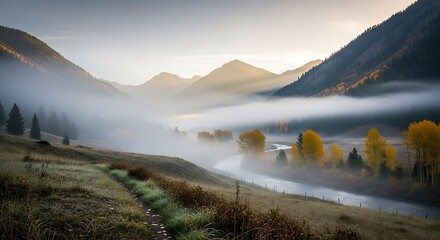 Mountain landscape with fog over a river scenic autumn season view