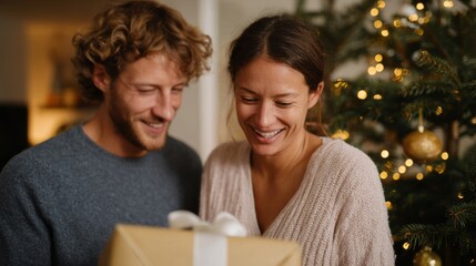 Smiling Caucasian couple unwrapping gleaming gift beside twinkling Yule tree, embodying Hygge warmth and festive Jul celebrations 