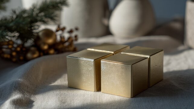 Golden cubes glisten on linen, evoking the spirit of Diwali's abundance and Festivus simplicity, shimmering with mystery