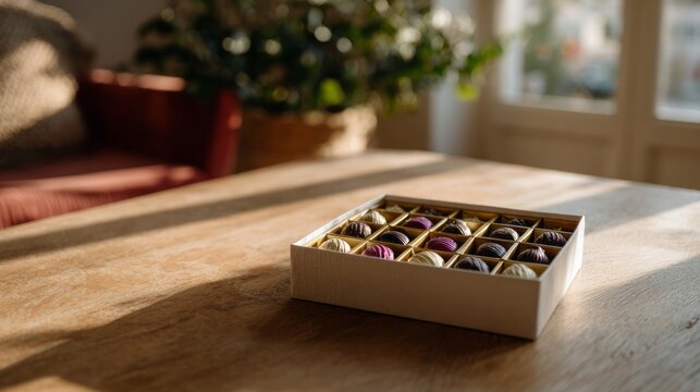 Elegant chocolates bask in golden afternoon light, evoking decadence of World Chocolate Day and quaint hygge gatherings - Powered by Adobe
