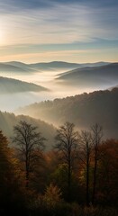 Mountain landscape with fog over valleys and trees under a cloudy sky
