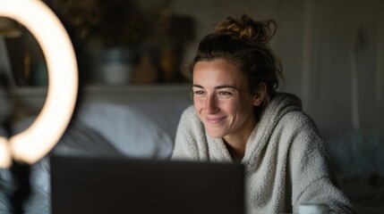 Cozy embrace of digital realms: Caucasian woman immersed in virtual Diwali insights, Navaratri dreams dance around her screen