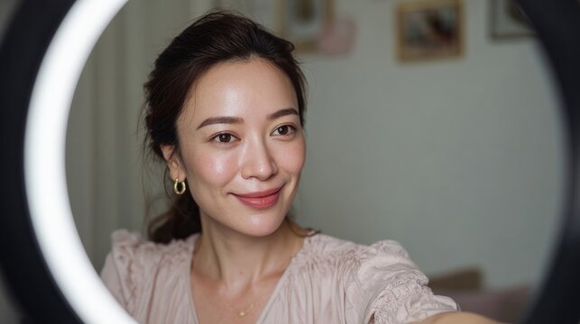 Smiling Asian woman illuminated by halo light, capturing Lunar New Year glow, symbolizing renewal and radiant self-expression