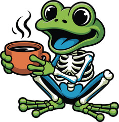 Cartoon frog holding a steaming coffee cup hot drink