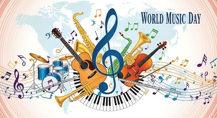 Musical instruments and notes on a world map celebrating global music day