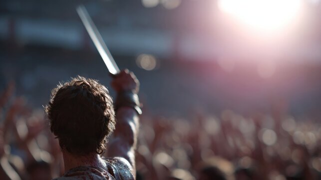 An ardent crowd erupts under golden sunrise, Nordic warrior festival vibes entwine with wild midsummer revelry, male figure commands