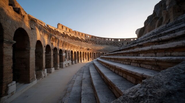 Ancient amphitheater basks in golden twilight, whispering tales of gladiatorial valor, Sol Invictus festivities, and architectural wonder