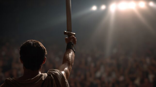 In a chiaroscuro embrace, an anonymous warrior raises a weathered sword, evoking Festival of Gladiators' epic valor saga