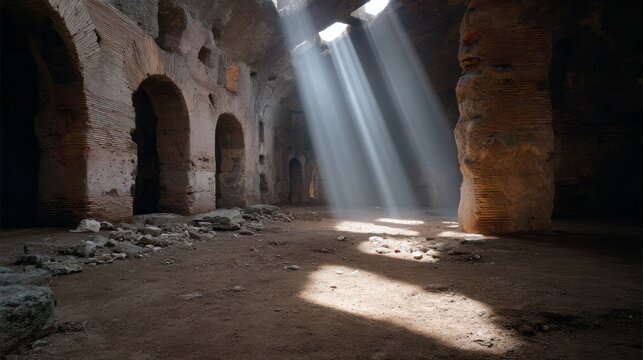 Ancient Roman amphitheater bathed in mystical sunbeams, echoing whispers of forgotten gladiators, perfect for Saturnalia or Obscura Day - Powered by Adobe