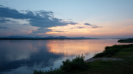 Fototapeta premium Whispering twilight hues caress a tranquil river's edge, evoking the serene harmony of Hanami and World Rivers Day