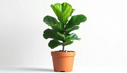 Obraz premium Healthy fiddle-leaf fig plant with large glossy dark green leaves and prominent veins, placed in terracotta pot with matching saucer, set against plain white background, upright and decorative present