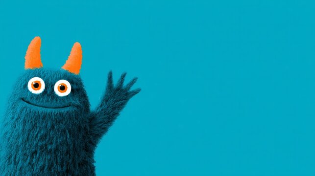 Fuzzy azure monster waves warmly, embrace Monster Appreciation Day, whimsical creature festivity, unique charm in vibrant imagination land