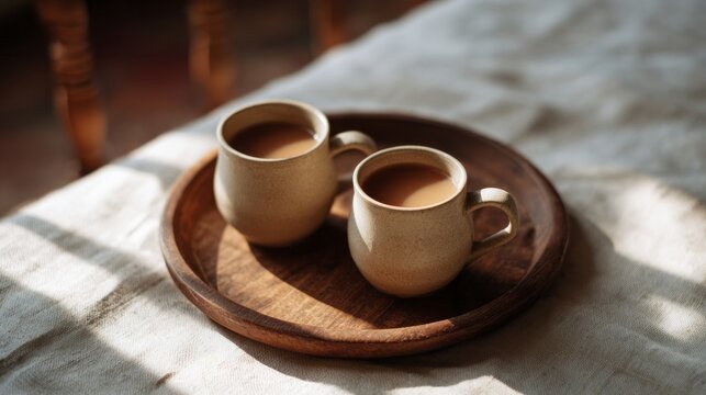 Sunlit wooden mugs brim with chai, evoking tranquil hygge vibes on International Tea Day and lost herbal whispers
