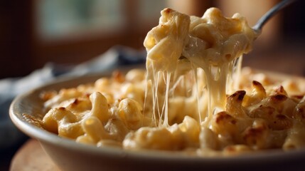 Naklejka premium Cheesy mac 'n' cheese symphony, American comfort food, National Cheese Lovers Day, gooey delight for soul-rejuvenating moments