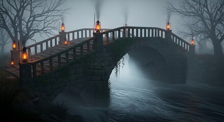 Mysterious bridge scene with lanterns amidst foggy forest environment