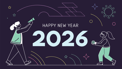 Happy new year 2026 with people looking to future innovation.