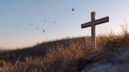 Silent wooden cross amidst sunlit meadow, whispering peace, evoking All Souls' Day, serenity, spiritual solace, ethereal bird symphony