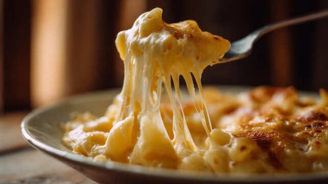 Melty macaroni cheese, gooey comfort cascading from fork, perfect for indulgent Hygge nights and unconventional Macaroni Day festivities