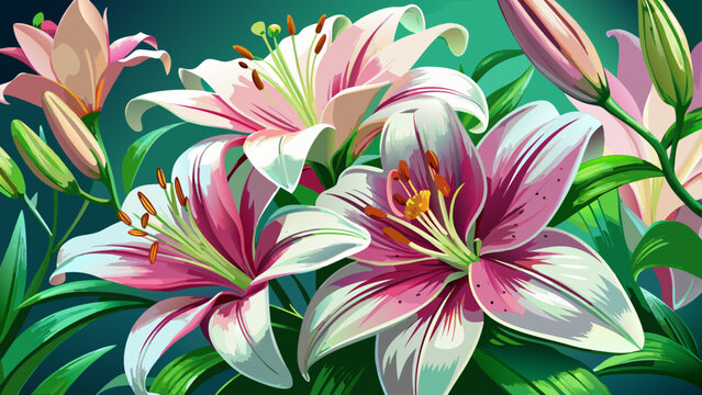 Very beautiful close-up of lily flowers with green, white, and pink hues, featuring detailed petals, soft natural light, and a realistic vibrant floral background.
