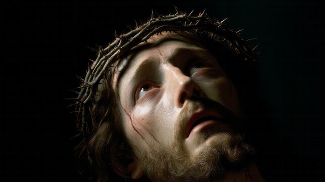 Crucifix bathed in ethereal azure, Gothic stained-glass glow, introspective Lenten spirituality, embracing sacred Easter vigil shadows