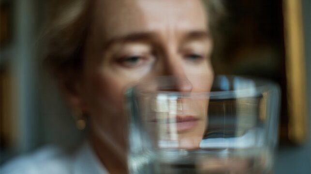 A pensive Caucasian woman contemplates a mystical glass of water; World Water Day, celebration of introspection, liquid clarity