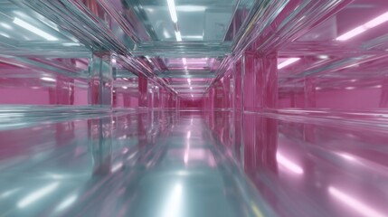 Tranquil futuristic corridor mirrors infinity with neon blush glow, capturing cyberpunk serenity, techno-festival glee, Optical Illusions Day