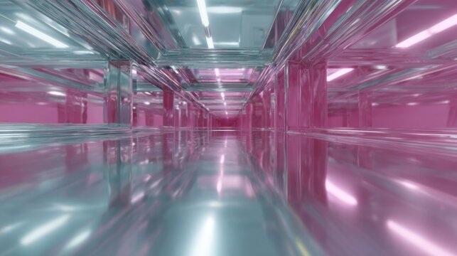 Tranquil futuristic corridor mirrors infinity with neon blush glow, capturing cyberpunk serenity, techno-festival glee, Optical Illusions Day
