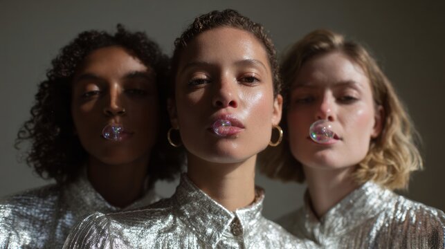 Silver-clad trio blowing iridescent bubbles, embody cosmic unity for International Women's Day, celebrating diversity and celestial elegance