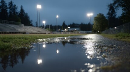 Stadium lights shimmer on a rain-slicked track, a poetic echo of baseball nostalgia and Night Games celebration