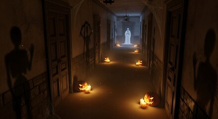 Mysterious hallway with candles and a ghostly figure atmospheric lighting