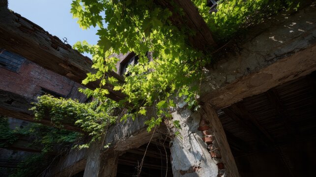 Lush greenery overtakes an abandoned sanctuary, embracing ancient decay, invoking Earth Day and architectural reclamation narratives