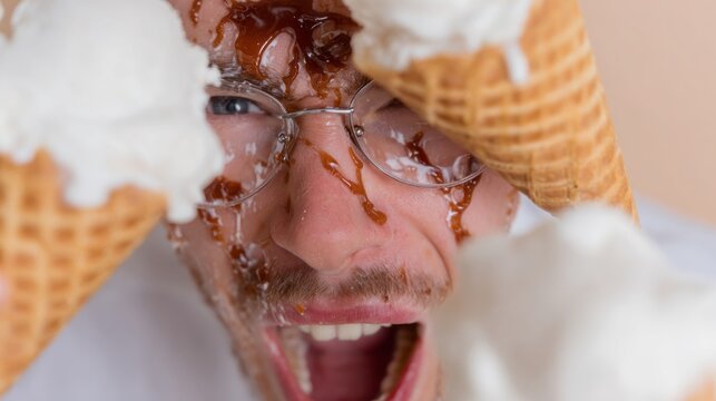 Unbridled joy erupts as ice cream chaos crowns bespectacled man's delight, celebrating National Dessert Day with sticky, sweet abandon - Powered by Adobe