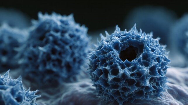 Blue pollen grains resembling cosmic hedgehogs evoke Earth Day wonder and microscopic exploration, entwining science and nature's artistry