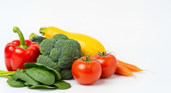 A variety of fresh vegetables including broccoli, carrots, and tomatoes on a white background. - Powered by Adobe