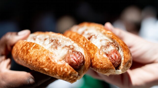 Two sizzling hot dogs, captured in a sunlit moment, evoke International Beer Day vibes and backyard barbecue gatherings