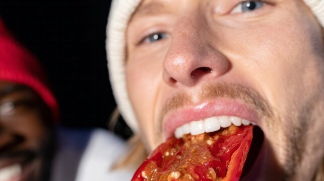 A lively Caucasian man savors fiery chili to celebrate Spicy Food Day, embracing culinary bravado and gustatory adventure